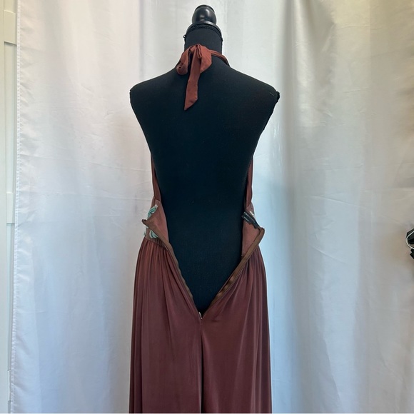 BCBGMAXAZRIA bronze brown teal embroidered beaded flower halter dress - Picture 6 of 16